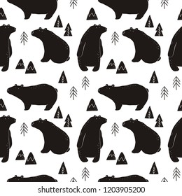 Hand drawn polar bear winter print.  Scandinavian print with cute bear. Seamless pattern with a bear
