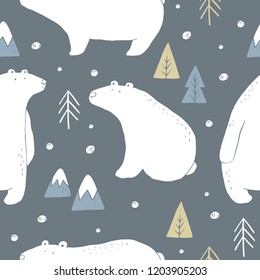 Hand Drawn Polar Bear Winter Print.  Scandinavian Print With Cute Bear. Seamless Pattern With A Bear