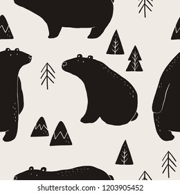 Hand drawn polar bear winter print.  Scandinavian print with cute bear