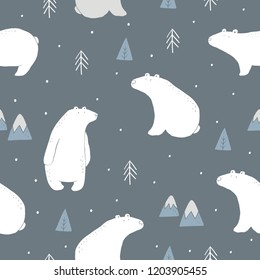 Hand drawn polar bear winter print.  Scandinavian print with cute bear