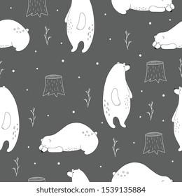 Hand drawn polar bear winter print. Scandinavian print with cute bear. Seamless pattern with a bear