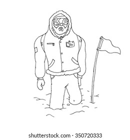 Hand drawn polar explorer with a flag on white background. Vector illustration