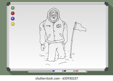 Hand Drawn Polar Explorer With A Flag On Whiteboard. Vector Illustration