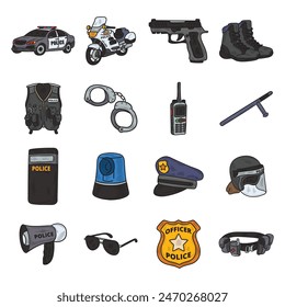 Handgezeichnete Polizei-Illustration farbiges Set