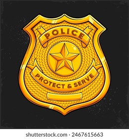 Hand drawn Police officer golden badge with slogan protect and serve, Police peaked cockade isolated