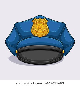 Hand drawn Police officer hat with golden badge, Police peaked cap with cockade isolated