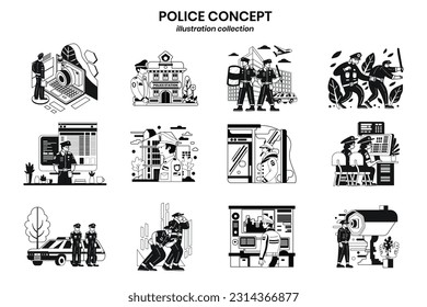 Recolección de policías de mano en ilustración de estilo plano para ideas de negocios aisladas en segundo plano
