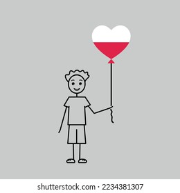 hand drawn polish boy, love Poland sketch, male character with a heart shaped balloon, black line vector illustration