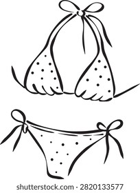 Hand Drawn Polka Dot Bikini Set with Bows, Black Line Art