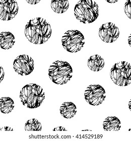 Hand drawn polka dot grunge seamless pattern. Black and white texture background