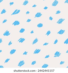 Patrón dibujado a mano de lunares. Fondo caótico sin fisuras. Brillante estampado de verano con manchas dibujadas en azul verde azulado en blanco roto. Ilustración vectorial punteada