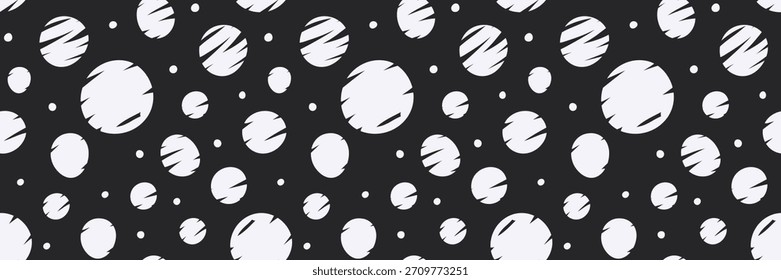 Dibujado a mano patrón de lunares sin fisuras. Círculos blancos del garabato en el fondo negro
