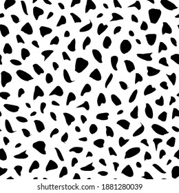 Hand drawn polka dot texture. Seamless black dots pattern with different grunge rounded spots. Vector modern messy ink dry brush strokes on white background. Wallpaper, paper, fabric, textile design.