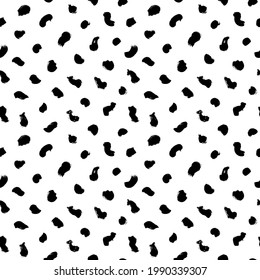 Textura de punto de polka dibujada a mano. Patrón de puntos negros sin foco con diferentes puntos redondeados. Pincel seco de tinta moderna y vectorial sobre fondo blanco. Papel de escritorio, papel, tela, diseño textil.