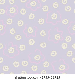 Hand drawn polka dots pattern on violet background. Seamless pattern with dots and line flowers for wrapping paper, card, fabric.