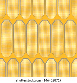 Hand drawn polygon shapes with varied white waffle texture. Seamless geometric vector pattern on saffron yellow background. Great for wellness, cosmetic, food products, packaging, homedecor stationery