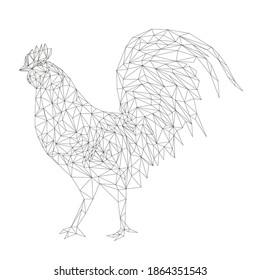 Hand drawn polygonal coloring rooster on a white background. Vector black and white line cock pattern.