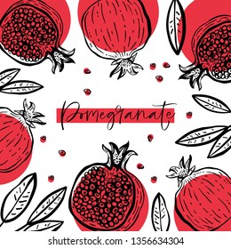 Hand drawn pomegranate composition with fruit and plant. For cooking, cosmetic package design. Vector illustration.