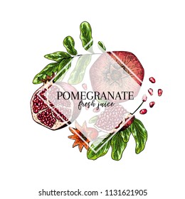 Hand drawn pomegranate composition. Vector colored engraved illustration. Juicy natural fruit. Food healthy ingredient. For cooking, cosmetic package design, medicinal herb, treating, healt care.