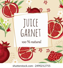Hand drawn pomegranate composition. Vector colored engraved illustration. Juicy natural fruit. Food healthy ingredient.