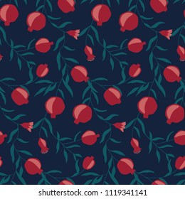 Hand drawn pomegranate seamless pattern. Vector wallpaper with ripe garnet fruits. Good for fabric, textile, printing. 