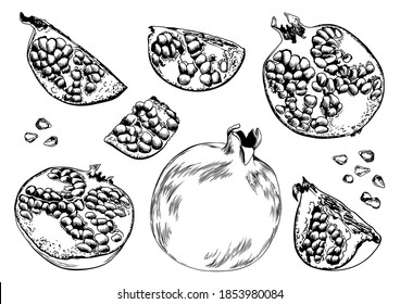 Juego de granadas dibujado a mano. Elementos aislados para el diseño. Ilustración vectorial en blanco y negro.