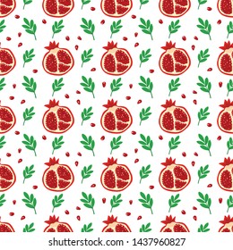 Hand drawn pomegranate with slice and leaf design on white background pattern seamless wallpaper. Pomegranate vector illustration.