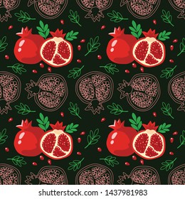 Hand drawn Pomegranates Seamless Pattern. Pattern with Sliced pomegranates on a dark Background.