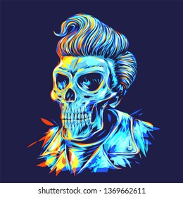 Hand drawn Pompadour Skull Head. a skull head with a cool hairstyle of the 50s. dark background.