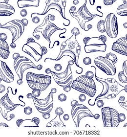 Hand drawn pompon hat seamless pattern. Vector winter accessorises seamless texture