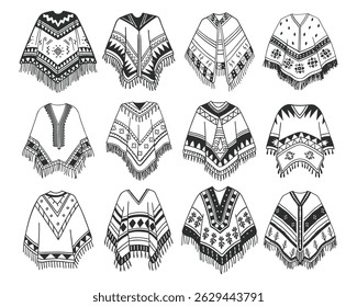 Coleção poncho desenhada à mão. Conjunto de ícones do poncho. Vestuário latino-americano. Roupas de lã de etnia espanhola. Esboço.