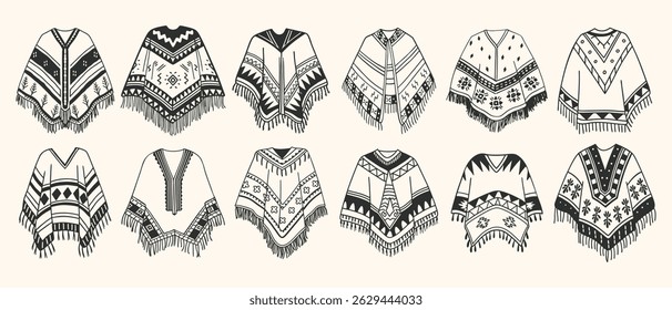Coleção poncho desenhada à mão. Conjunto de ícones do poncho. Vestuário latino-americano. Roupas de lã de etnia espanhola. Esboço.