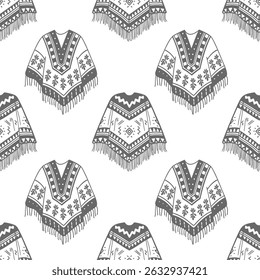 Patrón de ponchos dibujado a mano. Fondo de ropa estadounidense de Latina. Ropa de lana étnica española. Boceto.