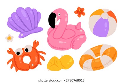 Hand drawn pool floats and beach toys set, flamingo ring, crab float, inflatable shell, beach ball, swim ring, summer fun pool party vector