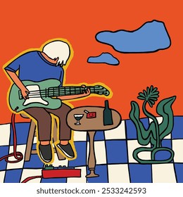 hand drawn pop art man sitting playing guitar illustration