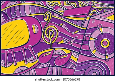 Hand Drawn Pop Art Wallpaper Background With Traditional Television, Music Ornament And Colorful Abstract Pattern