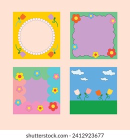 Hand drawn pop retro fun funky flower floral illustration outline square frame 