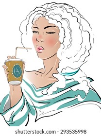 Hand drawn pop-art poster of a model holding coffee