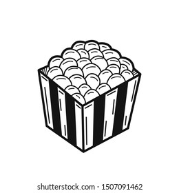 Hand drawn Popcorn in Box isolated on a white. Great for menu, poster or label. Vector illustration.