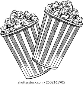 Hand drawn Popcorn in a Bucket Sketch Illustration