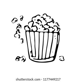 Hand drawn popcorn doodle icon. Hand drawn black sketch. Sign symbol. Decoration element. White background. Isolated. Flat design. Vector illustration.