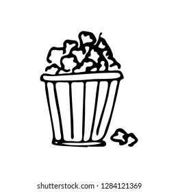 Hand drawn popcorn doodle icon. Hand drawn black sketch. Sign symbol. Decoration element. White background. Isolated. Flat design. Vector illustration.