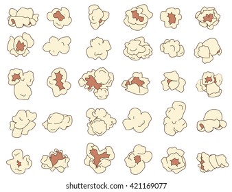 Hand drawn popcorn kernels set. Isolated popcorn slices on white background. Vector object. Tasty popcorn of various  interesting forms. Thirty popcorn shrimps of different form.
