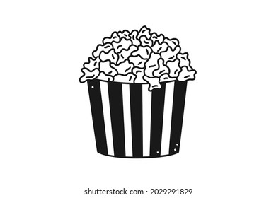 Hand drawn popcorn in striped box. Cinema food snack in doodle style. Vector illustration isolated on white background. Black and while.