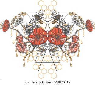 Hand drawn poppies, bees, honeycomb, triangle abstraction