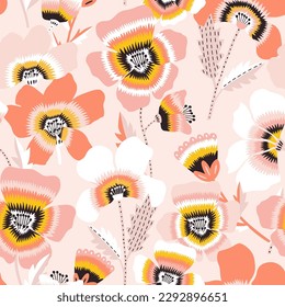 Hand drawn poppies floral seamless pattern. Botanical texture for fabric, textile with pastel poppies. Vector illustration 