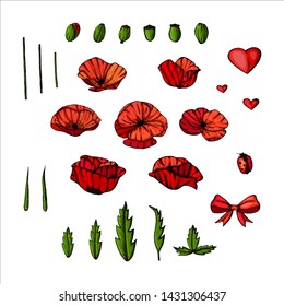 Hand drawn poppies. Set of elements.