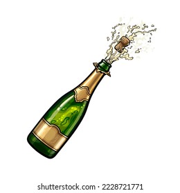 Hand drawn popping bottle of champagne with cork flying out.  Vector illustration isolated on white background.