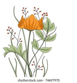 Hand drawn poppy with fantasy flowers and plants.