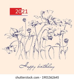 Hand drawn poppy field, birthday greeting card